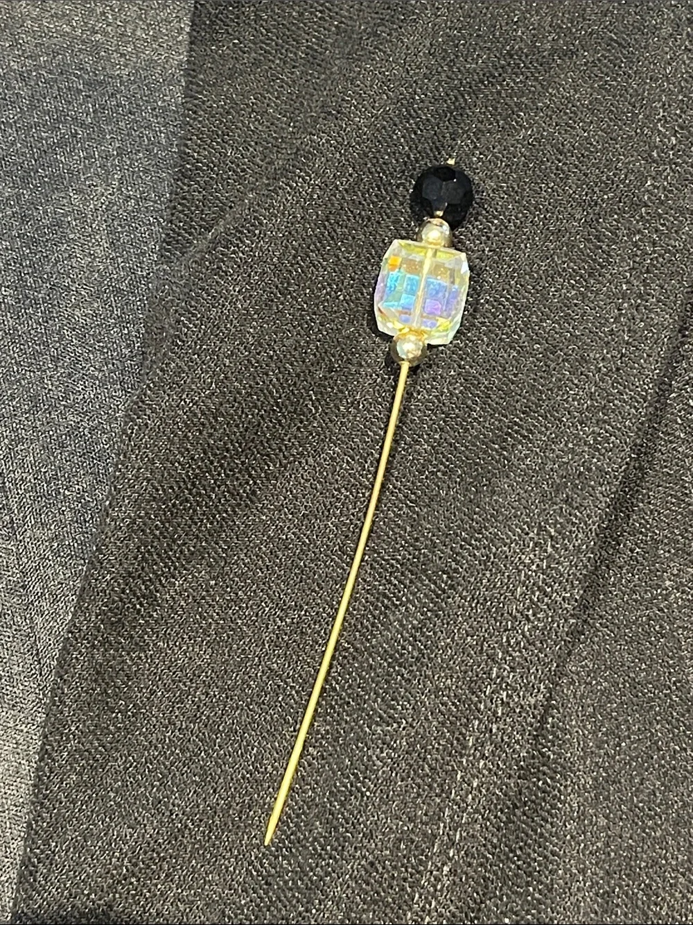 Vintage Iridescent Faceted Crystal Stick Pin Hat Pin Gold Tone 4” Black Bead
